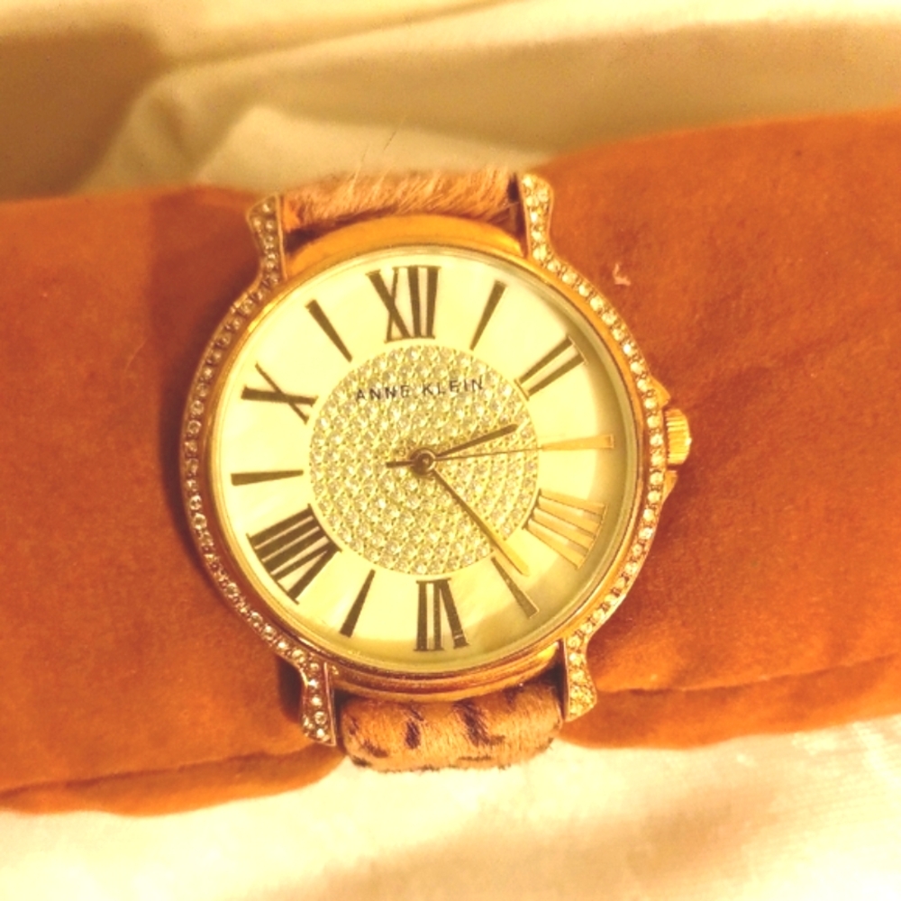 Anne Klein leopard print cow hair mother of pearl rinestone women's watch